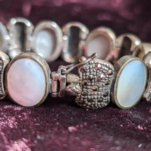 Vintage Sterling Abalone and Marcasite Link Bracelet, Mexican, Smooth, Heavy - Picture 7 of 13